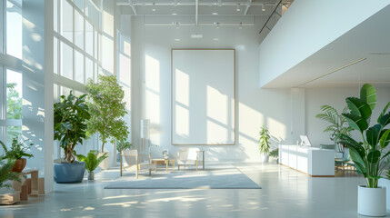 Fototapeta premium Front view on blank grey wall in stylish open space office with modern computers on wooden table, light glossy floor