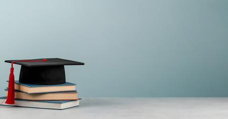 Mortarboard cap placed on a pile of books. University graduation ceremony concept, background, banner, class of 2024, 2025