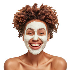 Fototapeta premium Cheerful woman with smooth skin, wearing a face mask and smiling on a white background.