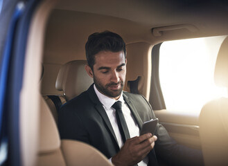 Business man, car and phone for transportation service review on luxury trip, travel and taxi or cab. Corporate lawyer reading online news on mobile, contact and email with drive to work or airport