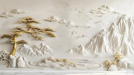 Elegant stucco molding of a Japanese landscape with gold accents on a plastered wall, perfect for luxurious decor.