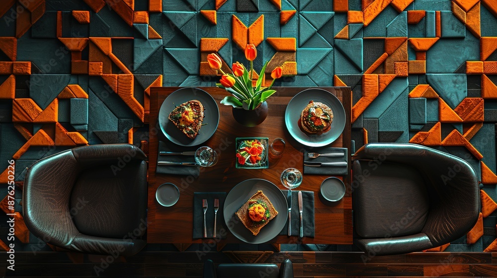 Poster overhead view of a dining table with dishes and a vase of tulips on the table