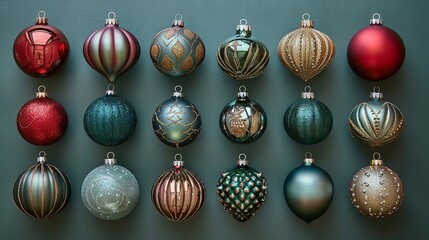 retro,vintage christmas ornaments on green background flat lay top view.stock photo