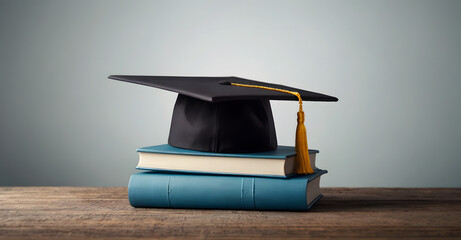 Mortarboard cap placed on a pile of books. University graduation ceremony concept, background, banner, class of 2024, 2025