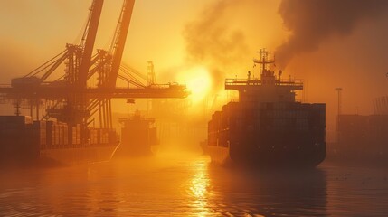 Obraz premium Sunrise over a busy container port with towering cranes and docked ships, enveloped in a golden mist, conveying maritime activity.