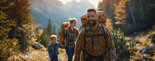 A family enjoys an autumn hike in a sunny mountainous landscape, dressed in plaid shirts and backpacks with beautiful fall foliage around.