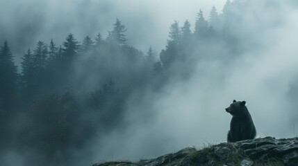 A solitary bear sits on a rock amidst a misty forest, with fog enveloping the tall evergreen trees in the background.