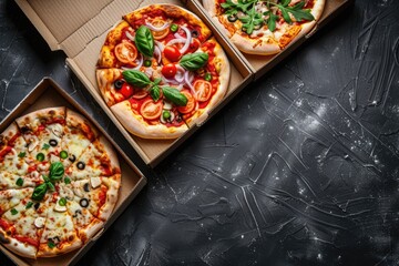 pizza in an open cardboard box on a black background