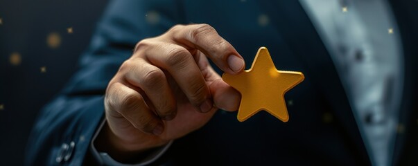 Close-up of a person in a suit holding a gold star, symbolizing achievement, success, and recognition in a professional setting.