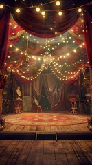 Vintage circus stage with classic props and nostalgic decor, Retro, Warm tones, Soft lighting, Digital painting