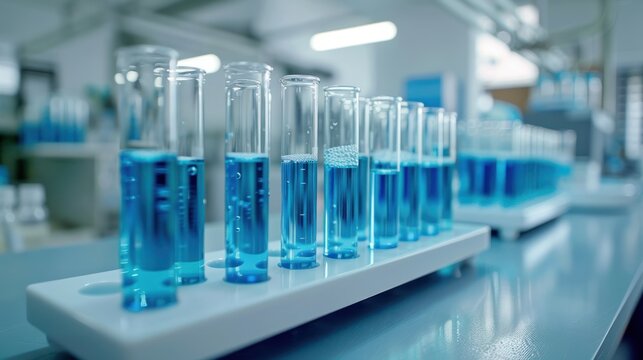 Close-up of test tubes with blue liquid in a laboratory setting, showcasing scientific research and chemical analysis equipment.