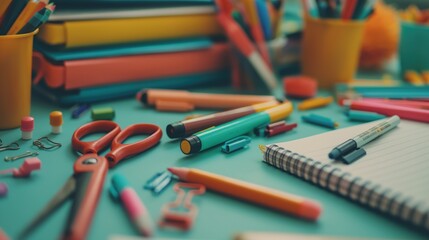 A close-up of colorful school supplies, such as markers, scissors, and erasers, spread out on a desk,