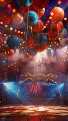 Surreal circus stage with giant balloons and ethereal lighting, Dreamlike, Bright colors, 3D rendering