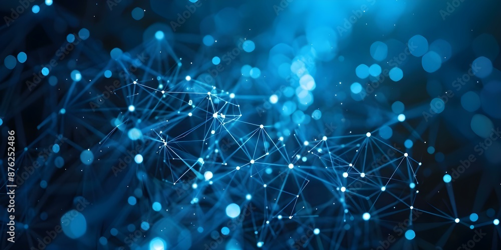 Poster intricate blue and black background with interconnected nodes and points of light. concept abstract 
