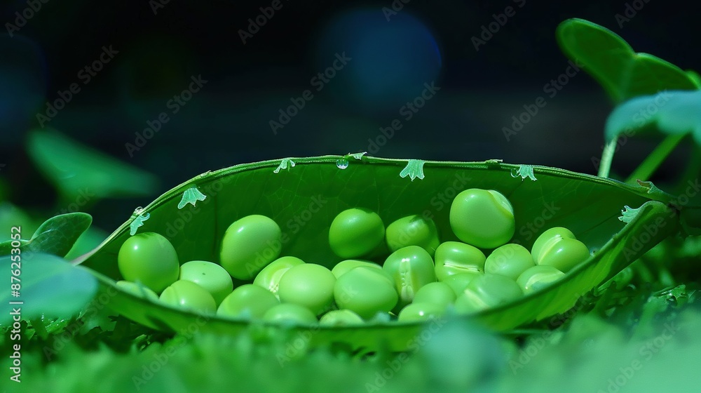 Poster a clear image shows a pea pod with peas inside it and a leafy background