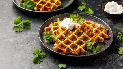 Homemade zucchini waffles in a rustic plate. Healthy food.