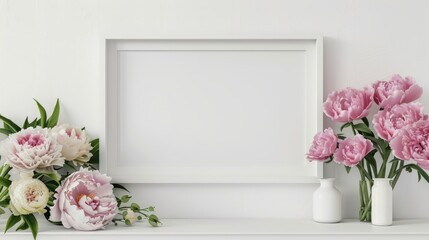 Blank landscape picture frame mockup on white wall with peony flowers empty space for text