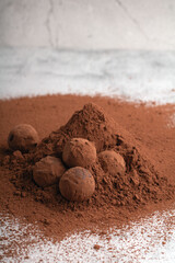truffle, chocolate, cocoa, brown, food, sweet, homemade, candy, dark, chocolate truffle, powder, dessert, ball, bonbon, round, photography,