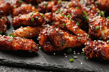 Spicy korean chicken wings with sesame seeds and chives