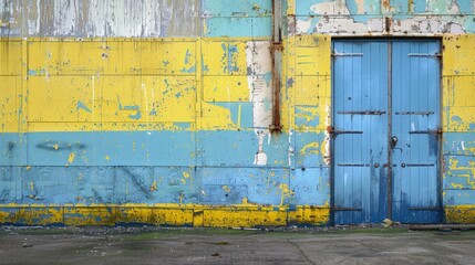 Blue and yellow door beside a factory wall in a run down urban zone