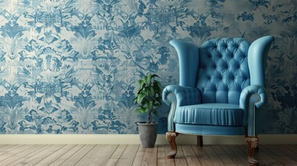 Blue armchair and wallpaper create a comfortable setting on laminate floor