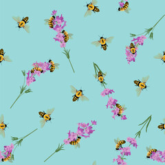 Floral vector illustration. Seamless print with lavender and bees