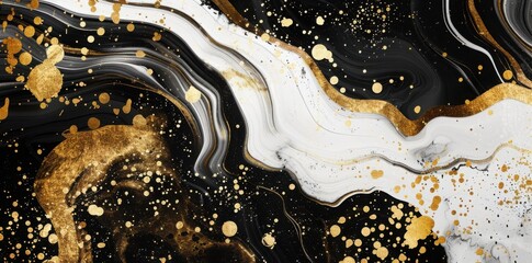 Abstract background in the style of liquid gold, black and white marble pattern and splashes of paint.
