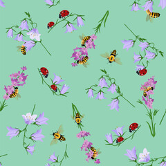 Floral vector illustration. Seamless print with lavender, campanula, ladybugs and bees