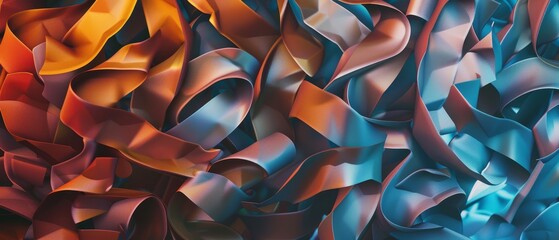 A colorful, abstract design of ribbons and strings