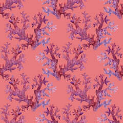 Marine seamless pattern red corals, plants. Watercolor illustration Underwater background. Ocean nature. On coral. Summer vibes, Sea bottom. For fabric, wrapping paper, wallpaper print decoration gift