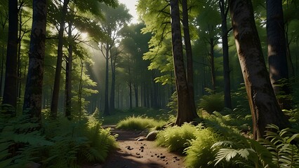 Obraz premium A stunning natural view of the forest with lush green trees and a serene atmosphere