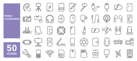 Set of 50 line icons related to mobile accessories, power bank, headset, cable, sim card, phone case, wireless charger, phone protection,  Editable stroke. Vector illustration