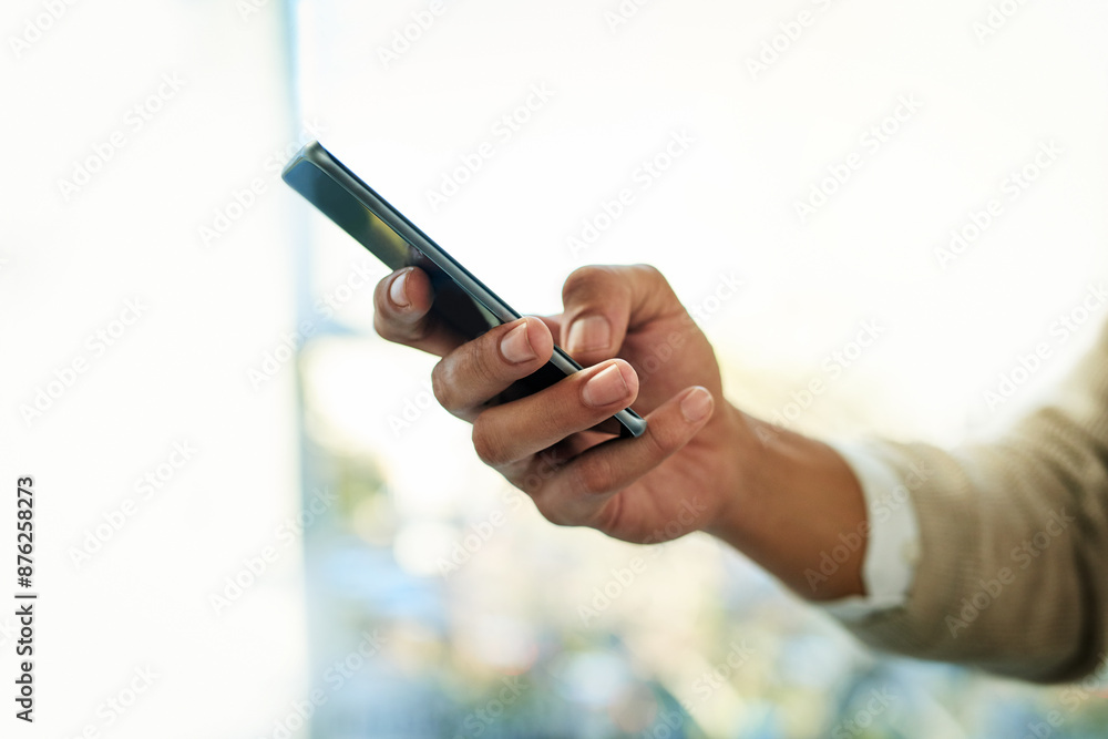 Poster business, hands and typing with phone for communication on mobile chat, website research and browsin