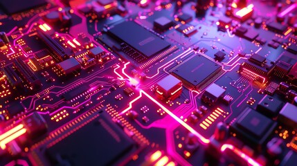 An electronic circuit board with a glowing pink light. The board is filled with intricate patterns of copper traces and electronic components.