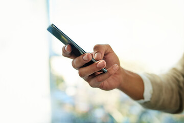 Business, hands and typing with phone for communication on mobile chat, website research and browsing. Person, smartphone and internet scroll for social media, news and downloading info with mockup