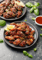 Spicy korean chicken wings with sesame seeds and chives