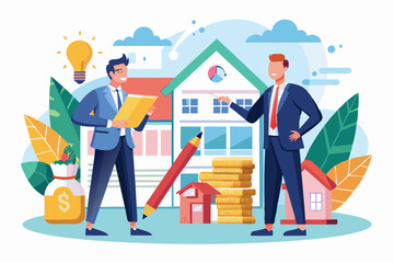 Real estate project budgets and real estate tax lists, real estate taxes or property taxes, equidistant businessmen with pencils standing next to lists of lists, houses and gold coins. stock