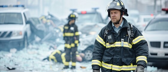 Naklejka premium Harrowing Multi Vehicle Collision with Crumpled Wreckage and First Responders Tending to Victims in Cinematic Documentary Style