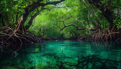 A lush green mangrove forest with a crystal clear river running through it