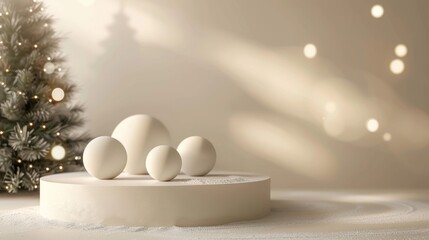 Minimalist Christmas Scene with White Ornaments and Festive Lights