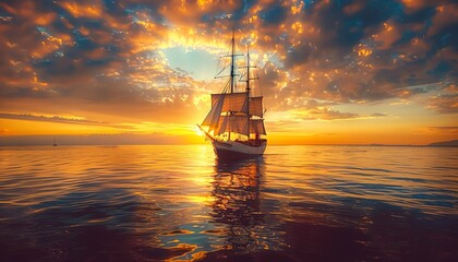 A majestic tall ship sails across the ocean at sunset