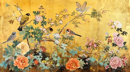 A painting of various birds perched among flowering branches. The background is gold leaf. The painting is in the style of the Qing Dynasty.