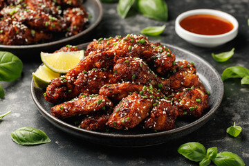 Spicy korean chicken wings with sesame seeds and chives