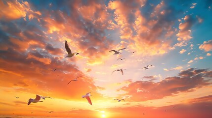 Obraz premium A flock of seagulls soars through the sky at sunset. The warm colors of the sky and the graceful flight of the birds create a beautiful and peaceful scene.