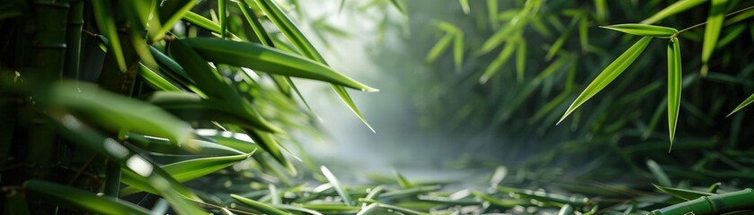 Obraz premium Serene bamboo forest path in morning mist