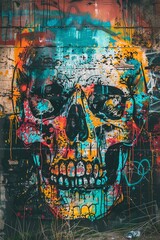 A dark and colorful skull with a splash of paint.