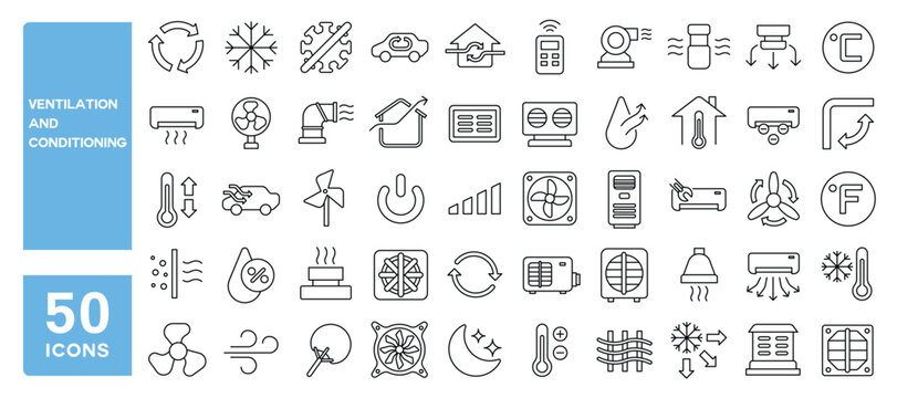 Set of 50 line icons related to ventilation and conditioning, cooling, humidity, air compressor, fan, climate control, drying, Editable stroke. Vector illustration