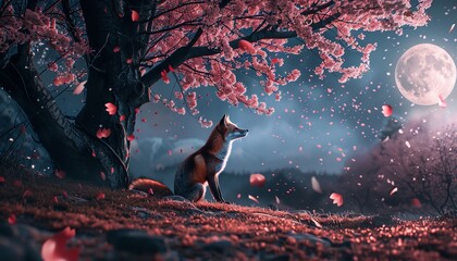 A majestic red fox sits beneath a cherry blossom tree, silhouetted against the moon. The delicate pink petals are caught in the gentle breeze, swirling around the fox like a dance.