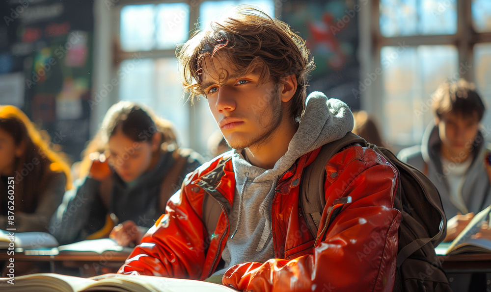 Aufkleber focused student in bright classroom during daytime lecture with classmates, studying and engaged in 