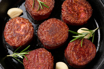 Pan grilled, plant based vegan meat steak with herbs. Alternatives meat. Eco friendly healthy food,